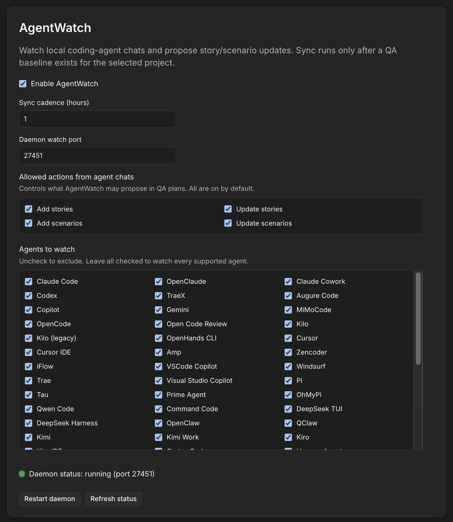 AgentWatch settings in TestChimp Studio