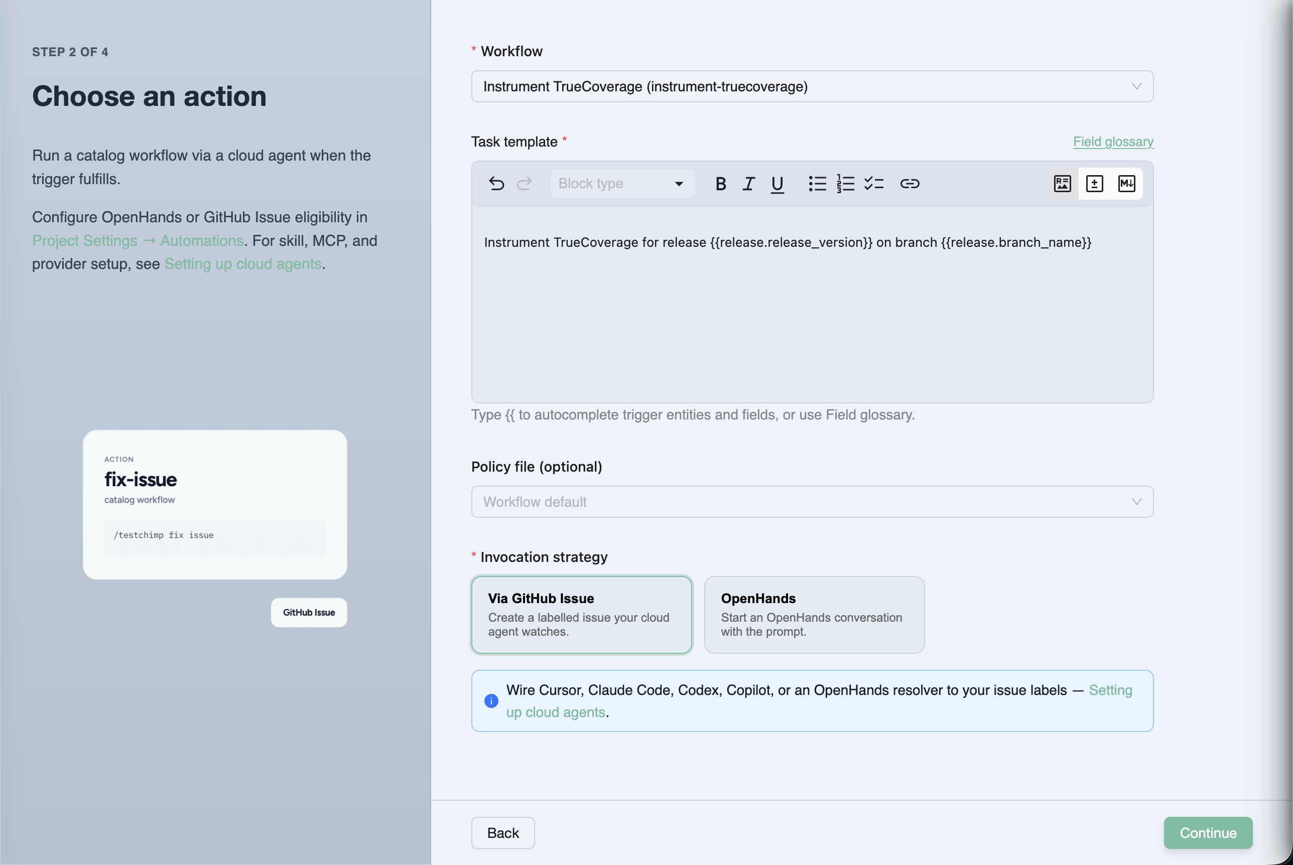 Configure the automation action — workflow, task template, policy, and invocation strategy