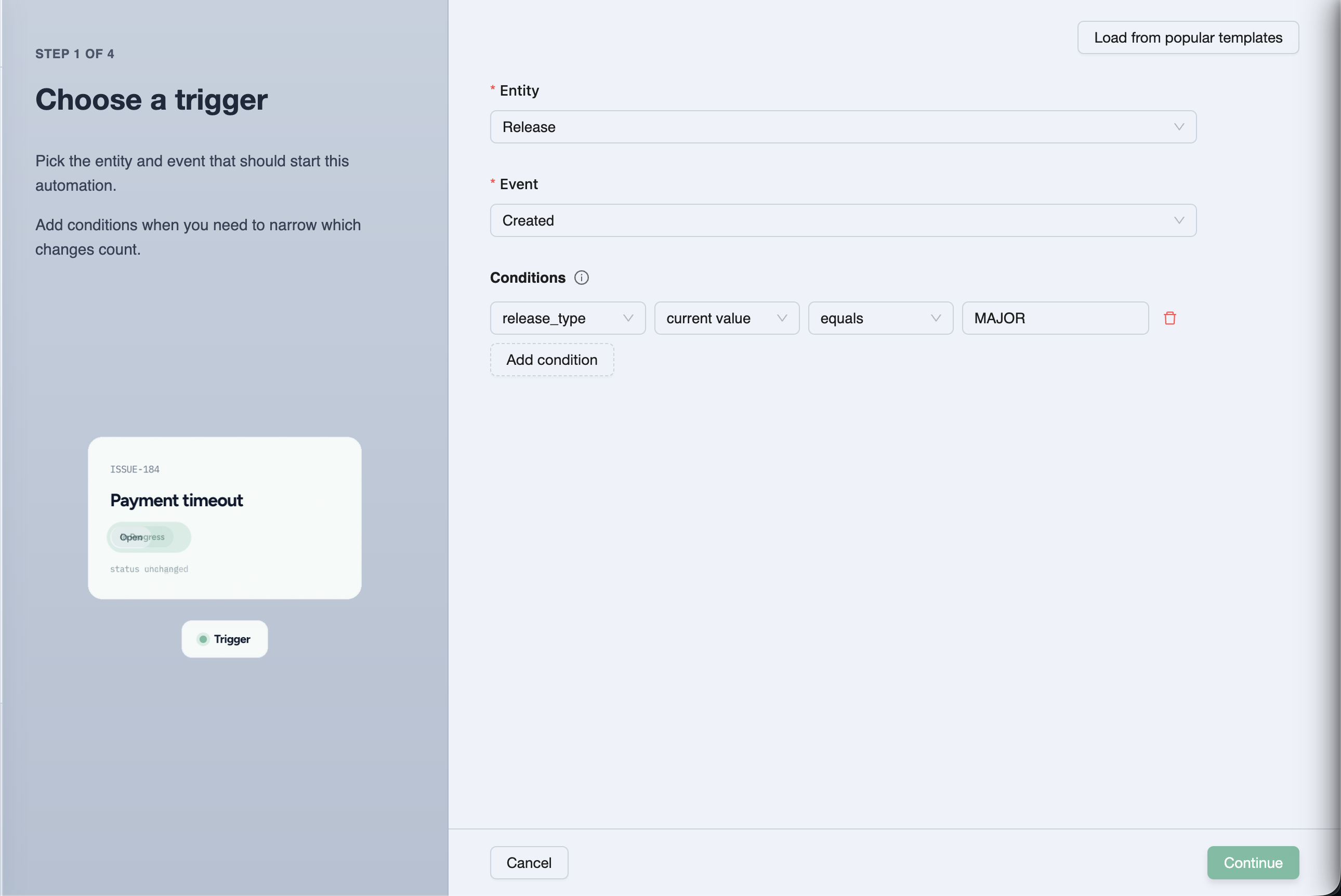 Configure the automation trigger — entity, event, and conditions