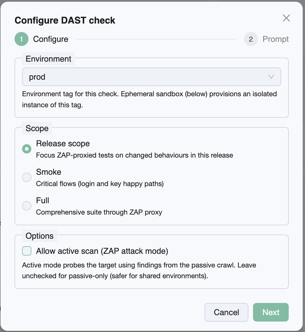 DAST configuration on a release check