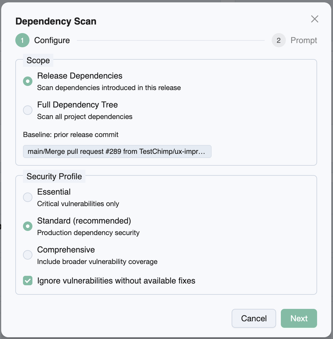 Dependency scan configuration
