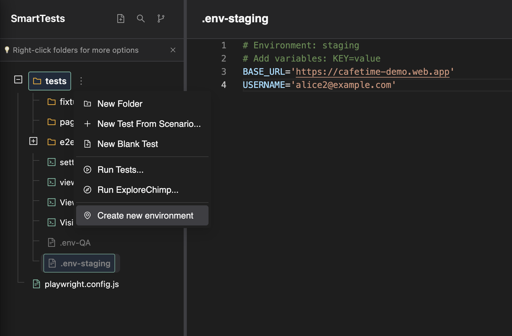 Environment configuration in SmartTests