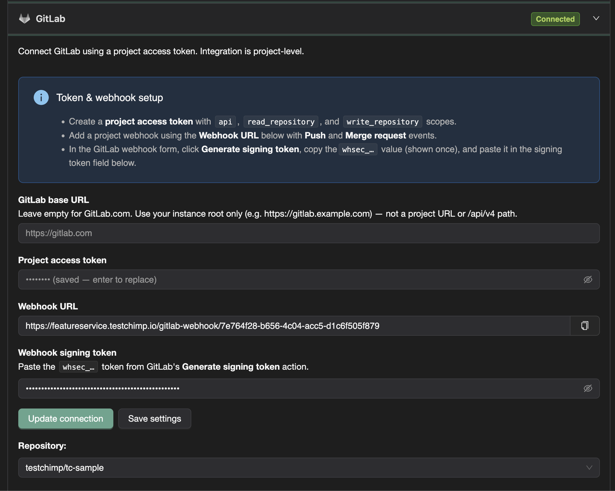 GitLab integration in TestChimp project settings