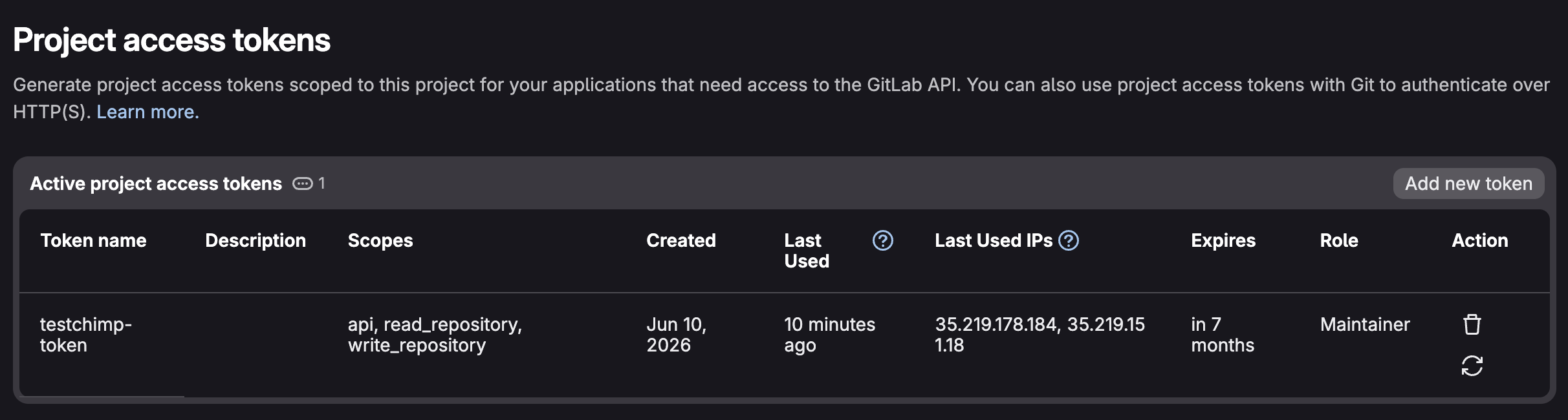 GitLab project access token configuration