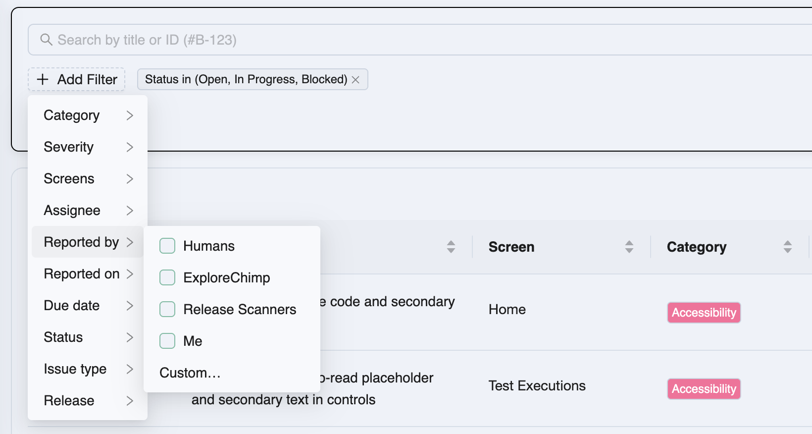 Issue filtering