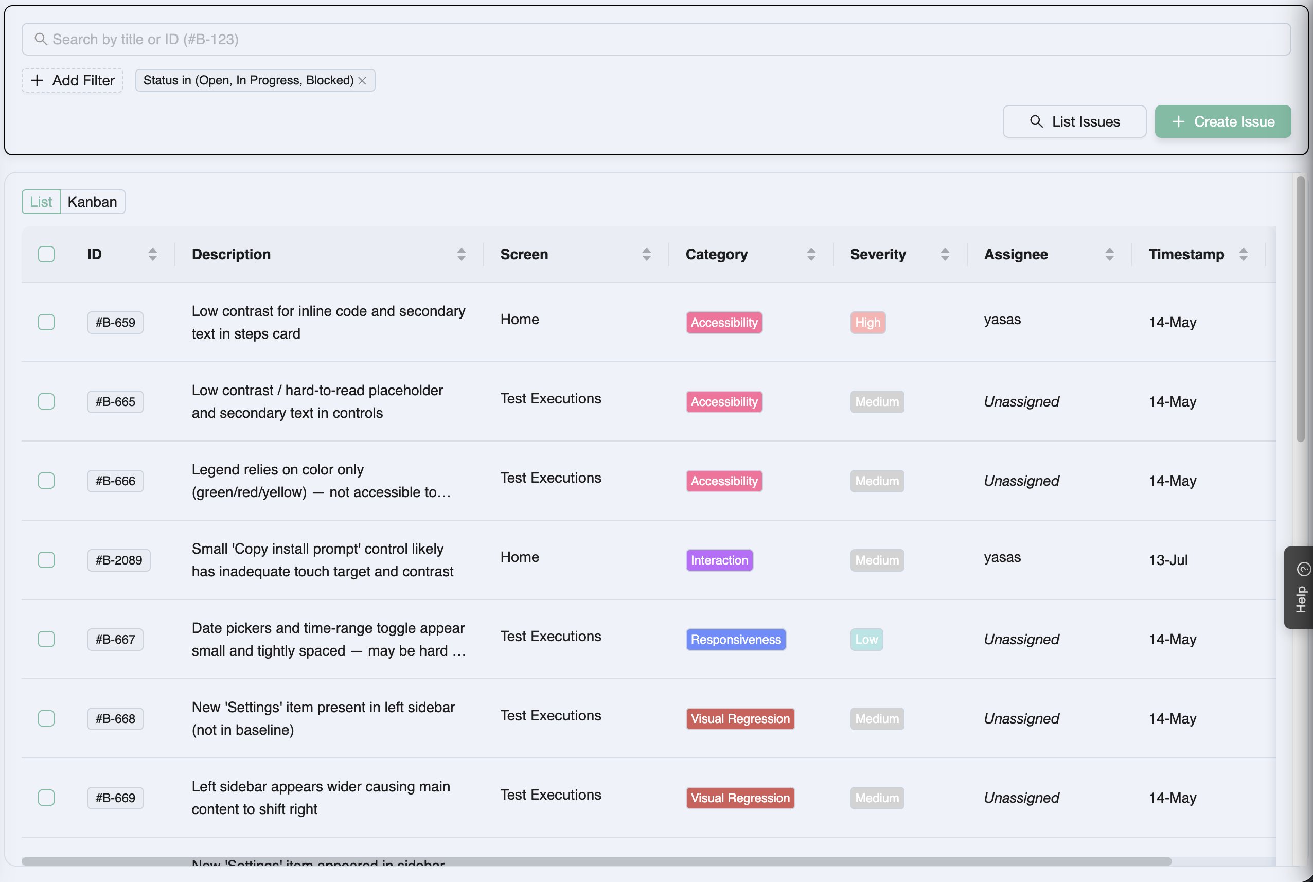 Issues list view