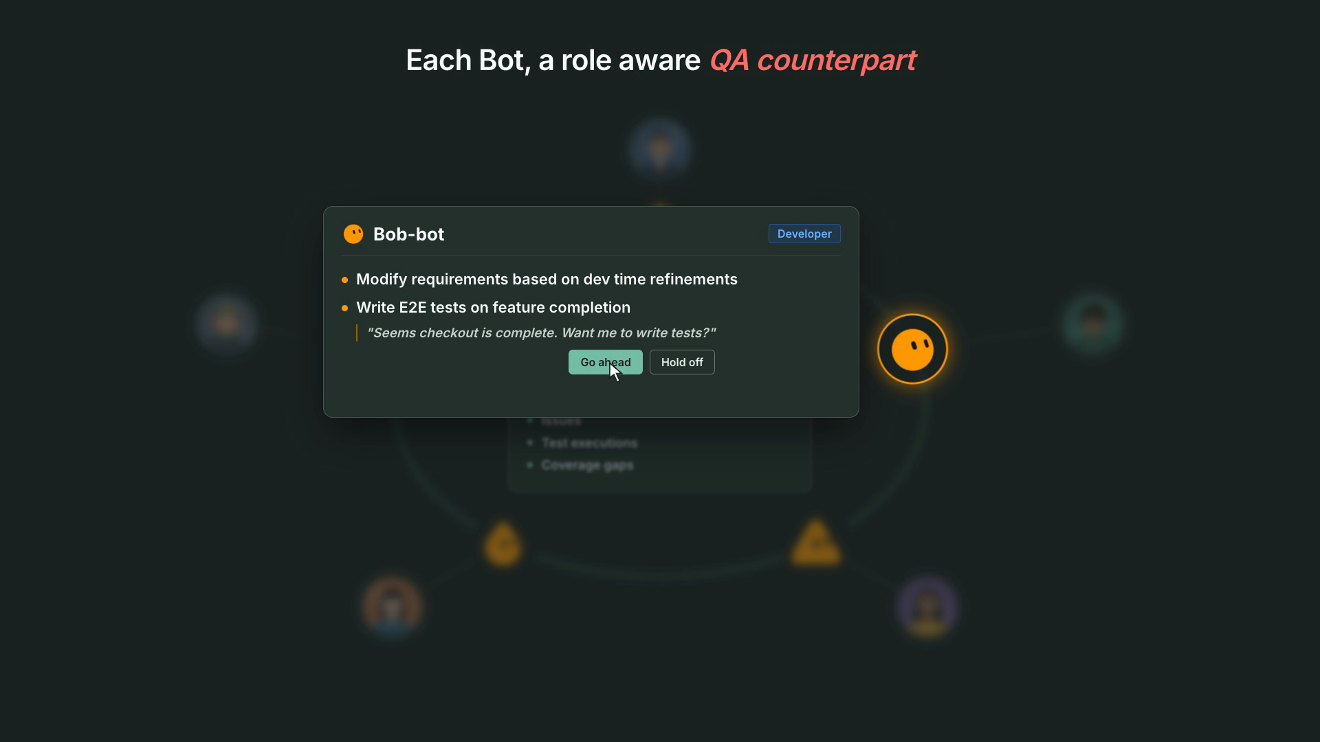 A developer's QA bot asks whether to write tests now that checkout looks complete