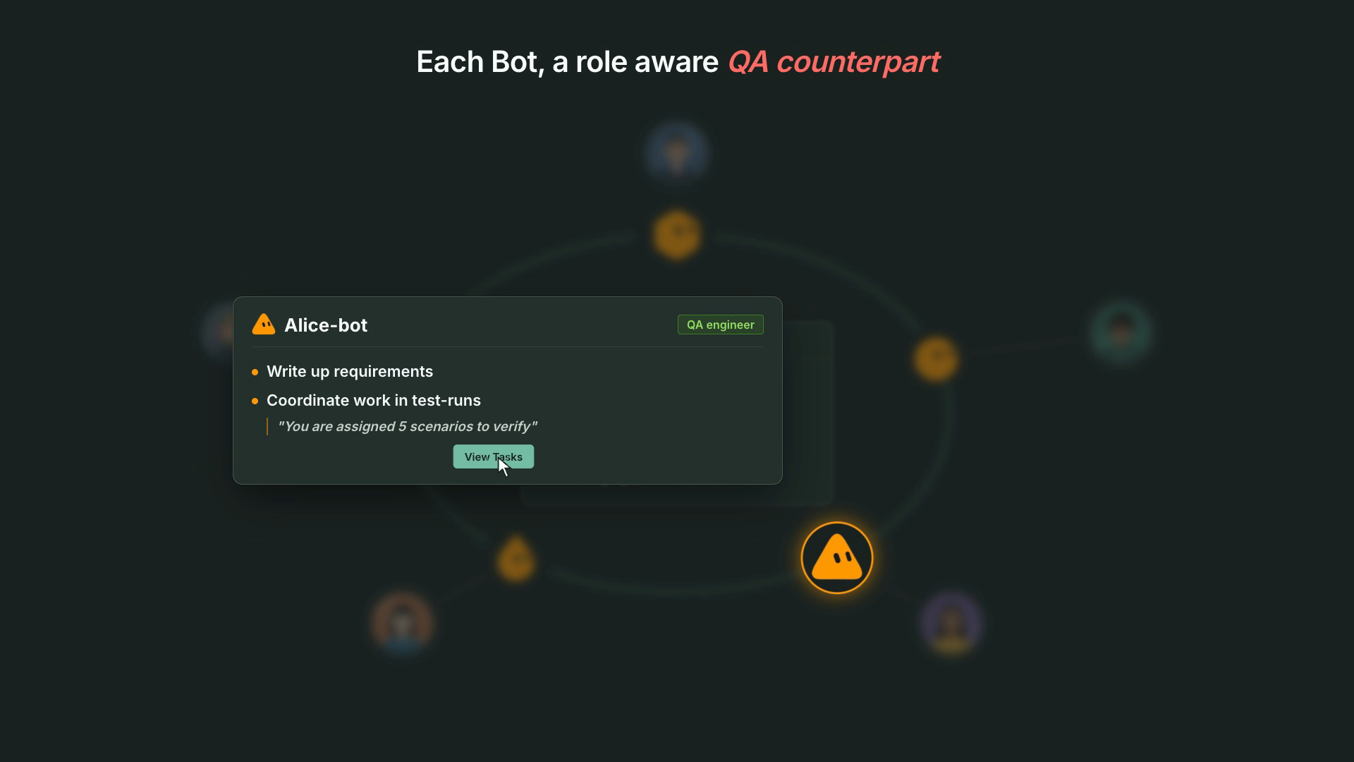 A QA engineer's QA bot reports "You are assigned 5 scenarios to verify" with a View Tasks button