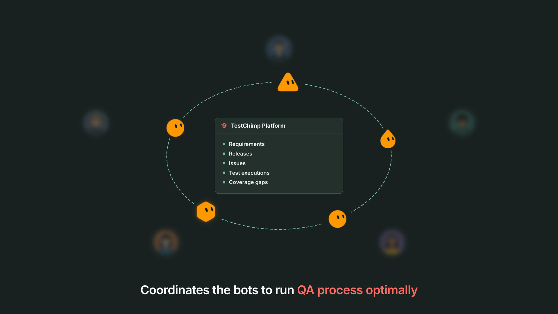 TestChimp coordinates the bots to run the QA process optimally: the bot ring orbits the TestChimp Platform