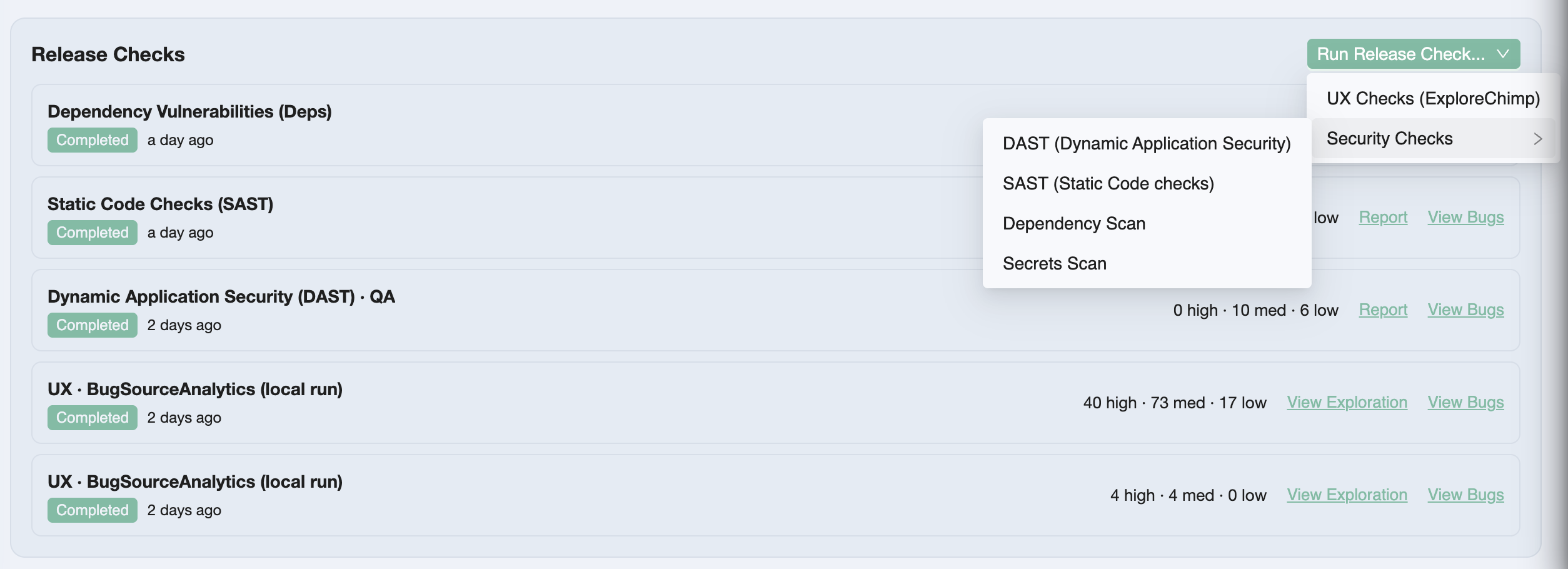 Release Checks list on the release detail page