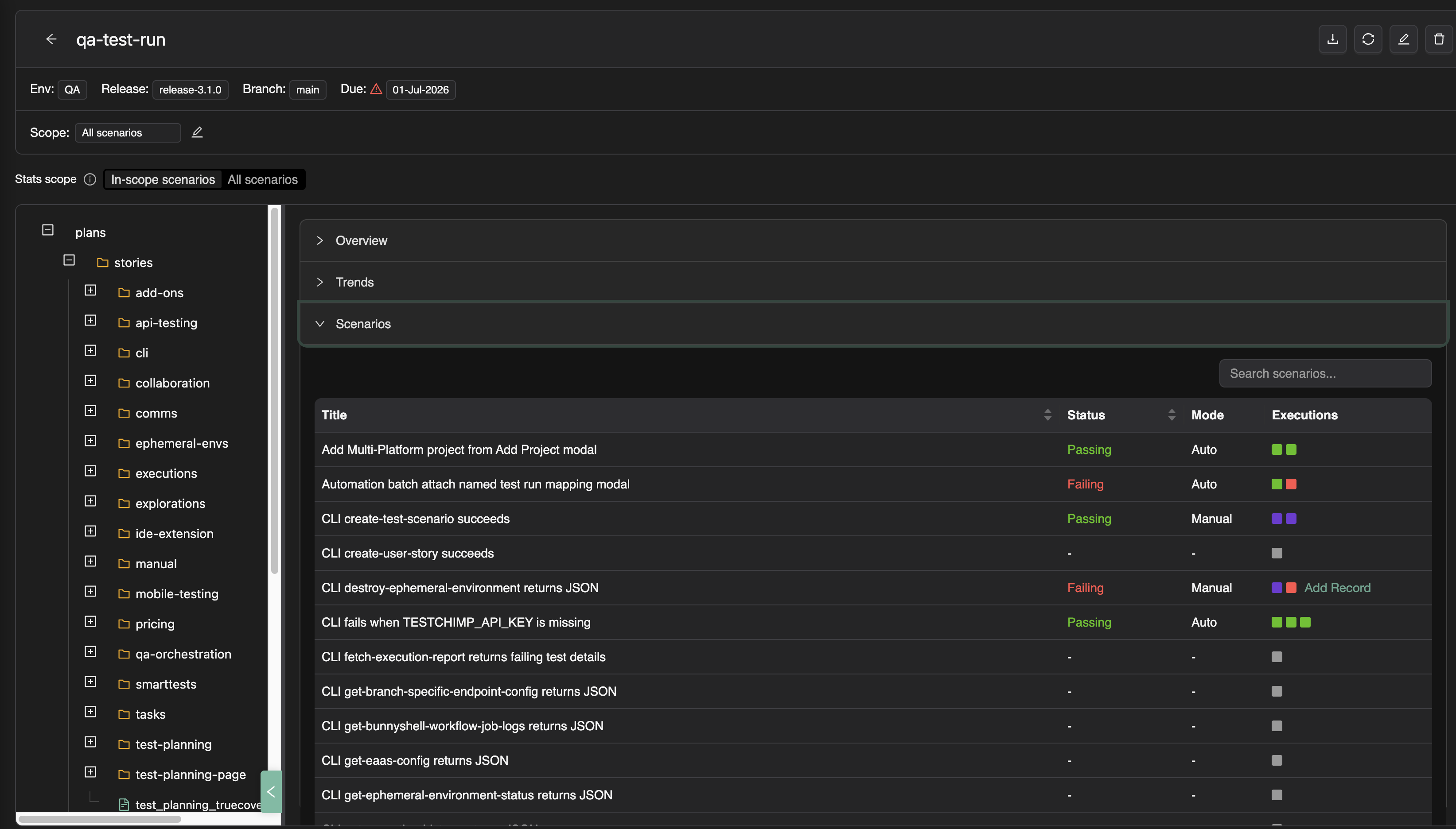 Test run viewer with scenario status and execution history